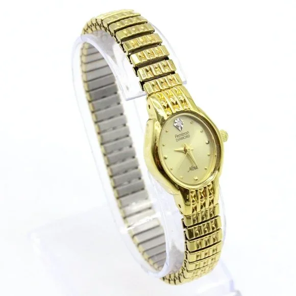 Vintage Armitron Diamond Now Watch Women's Gold Tone Oval Dial Stretch Band